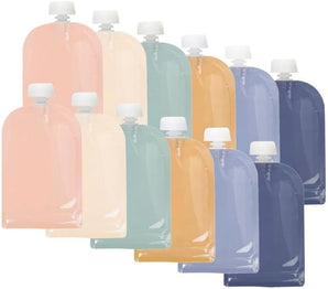 Jané Pungi reutilizabile pentru alimente bebeluși, 100 ml, ușor de umplut, deschidere inferioară cu închidere etanșă, 12 bucăți