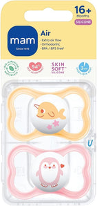 [RESIGILAT] Set 2 suzete MAM Air, 16+ luni, din silicon SkinSoft, cu cutie de sterilizare, modele Piersică/Crem