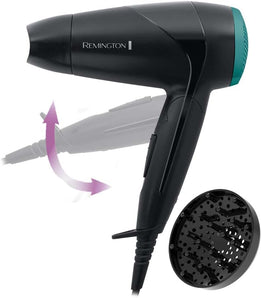 Remington Uscător de păr de voiaj On The Go D1500 (2000W, compact, pliabil, puternic, voltaj universal 120/220-240V, cu duză de coafare și difuzor, 2 trepte de căldură și viteză).