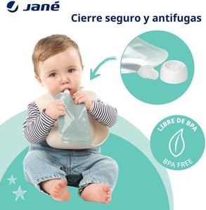Jané Pungi reutilizabile pentru alimente bebeluși, 100 ml, ușor de umplut, deschidere inferioară cu închidere etanșă, 12 bucăți