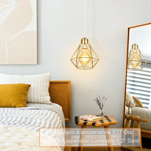 [RESIGILAT] Lampa de tavan E27, design vintage tip colivie, metal auriu, max. 40–60W