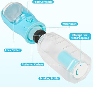 Zivacate Hunde Trinkflasche 600 ML Multifunktion Tragbare Hundetrinkflasche für unterwegs mit 100g Futterbehälter und Kotbeutelspender für Welpen und Katzen Reise Zubehör Wasserspender (Blau)