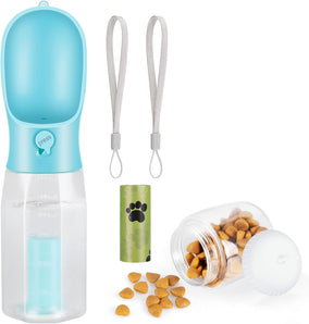 Zivacate Hunde Trinkflasche 600 ML Multifunktion Tragbare Hundetrinkflasche für unterwegs mit 100g Futterbehälter und Kotbeutelspender für Welpen und Katzen Reise Zubehör Wasserspender (Blau)