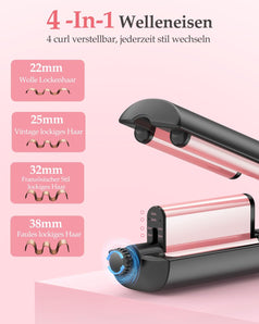 22/25/32/38mm Einstellbar Welleneisen für Haare - 4 In 1 Lockenstab für Beach Waves/Natürlich Wellen/Wasserwellen/Mermaid Waves, 3 Fässer Welleneisen, Anzeige, 4 Temperaturen(140-210°C), Rose Gold