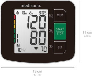 Tensiometru de braț Medisana BU 516, măsurător al tensiunii arteriale și al pulsului cu funcție de memorare, scală semafor, manșetă cu afișaj pentru bătăi neregulate ale inimii.