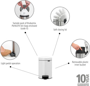 [RESIGILAT] Cos cu pedala Brabantia, plastic, otel, alb, 3 litri