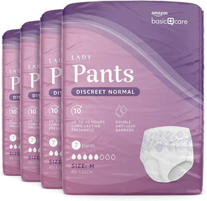 Pantaloni discreți Amazon Basic Care pentru femei, mărimea M – 4 pachete a câte 7 bucăți (28 pantaloni), albi