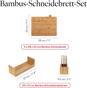 FLORINA 4-er Set Bambus-Schneidebretter mit Ständer CHEF I Natürliche Bambus-Schneideblöcke mit Saftrillen I Wirkt antibakteriell I Universalschneidebretter geeignet für Käse, Fleisch, Obst, Gemüse
