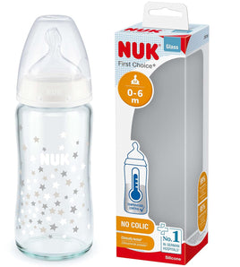 [RESIGILAT] Biberon NUK First Choice+ din sticlă, 240 ml, 0-6 luni – tetină fiziologică, indicator de temperatură, anti-colici