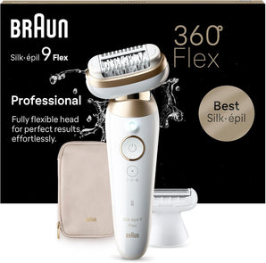 [RESIGILAT] Epilator Braun Silk-épil 9 Flex pentru femei, cu cap flexibil la 360° pentru epilare ușoară, Wet&Dry, piele fină de lungă durată, include cap de ras și de tuns, 9-041 3D, Alb/Auriu.