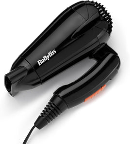 Uscător de păr BaByliss Travel Folding – Ușor și puternic, 2000W, tensiune universală, utilizabil oriunde în lume, 2 trepte de temperatură/viteză, Negru/Portocaliu, 5334E. Perfect pentru călătorii.