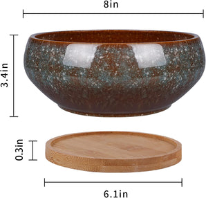 [RESIGILAT] Ghiveci ceramic bonsai cu farfurie din bambus, 20,3 cm