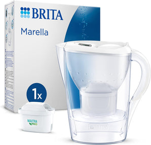 Carafă cu filtru de apă BRITA Marella alb (2.4l) incl. 1x cartuș MAXTRA PRO All-in-1 - filtrul reduce calcarul, clorul, plumbul, cuprul și substanțele care perturbă gustul în apă/carafă se potrivește în ușa frigiderului