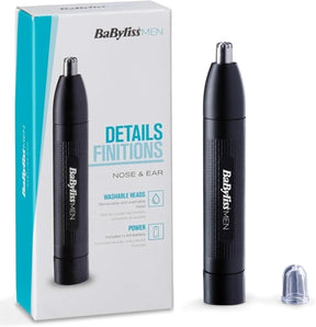 Trimmer pentru nas și urechi BaByliss – Sistem precis cu 2 lame, funcționare pe baterii, din oțel inoxidabil, ușor de curățat cu accesorii detașabile, Negru, E650E
