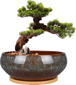 [RESIGILAT] Ghiveci ceramic bonsai cu farfurie din bambus, 20,3 cm