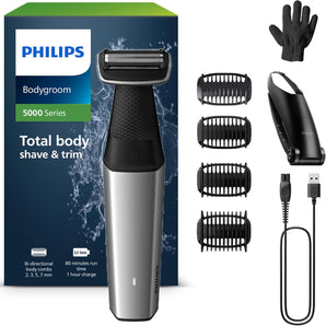 Philips Bodygroom Series 5000, trimmer corporal rezistent la apă pentru zona intimă și corp, ras neted și confortabil, îngrijire completă a corpului inclusiv spate, autonomie 60 min, model BG5021/16