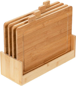 FLORINA 4-er Set Bambus-Schneidebretter mit Ständer CHEF I Natürliche Bambus-Schneideblöcke mit Saftrillen I Wirkt antibakteriell I Universalschneidebretter geeignet für Käse, Fleisch, Obst, Gemüse