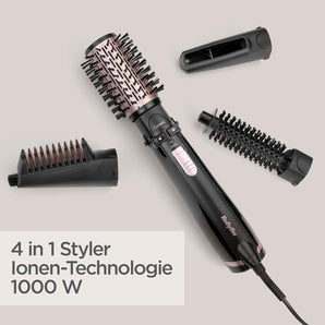 BaByliss Dry, Straighten and Style - Perie rotativă cu aer cald, 1000W, cu ioni, cu 4 accesorii pentru uscare, îndreptare și volum, negru, AS200E
