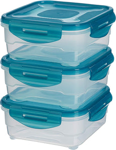Amazon Basics Set de recipiente pentru congelator, cu capace, etanș, anti-scurgere, stivuibile, pentru frigider/congelator, fără BPA, plastic, rezistent la microunde și mașina de spălat vase, 3 x 0.8 l, incolor