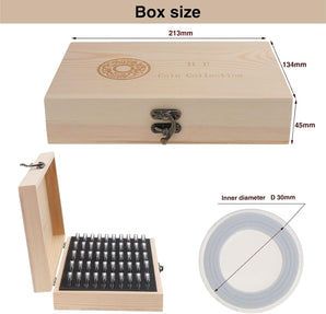 Cutie de depozitare Kinsinder 50 bucăți din lemn cu capsule rotunde pentru monede, plastic, cutie de protecție pentru monede pentru colecționari de monede, 18 mm/20 mm/23 mm/25 mm/27 mm/30 mm