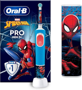 Periuță de dinți electrică Oral-B Pro Kids Spiderman, pentru copii de la 3 ani, cu mod Sensitiv+ pentru îngrijire dentară, peri extra moi. Include 1 cap de periuță, 1 etui de călătorie, 4 stickere. Culoare: Albastru/Roșu.