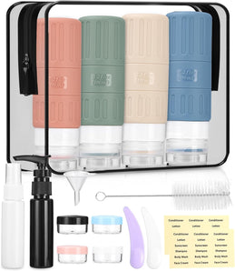 [RESIGILAT] Set 16 sticle de călătorie din silicon, 100 ml, reutilizabile, cu accesorii și geantă transparentă