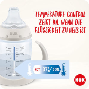 [RESIGILAT] Cană de tranziție NUK First Choice+, 150 ml, 6–18 luni, albastră, cu indicator de temperatură și mâner ergonomic