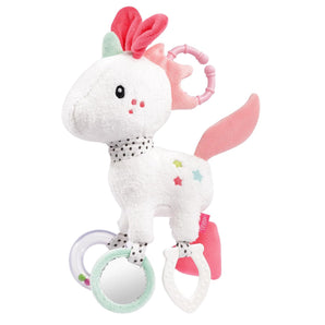 [RESIGILAT] Jucărie de activitate unicorn BabyFehn Aiko &amp; Yuki, cu zornăitoare, oglindă și inel pentru dentiție, 26 cm, pentru bebeluși