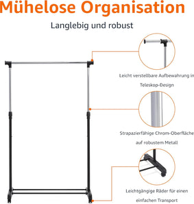 Amazon Basics șină de haine cu roți, crom, (91.5-145) x 42 x (134-161) cm (L x l x î)