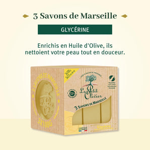 LE PETIT OLIVIER – 3 Săpunuri de Marsilia cu Glicerină – Parfum din Regiunea Grasse – Curăță delicat pielea – Fabricat în Franța – 3 x 100 g
