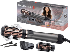 Perie rotativă cu aer cald Remington Keratin Protect (include 3 accesorii: 2 perii rotunde + concentrator pentru volum la rădăcini) + cleme de păr, înveliș ceramic cu ulei de migdale, AS8811, Gri