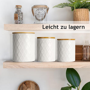[RESIGILAT] MIAMIO - Set 3 borcane ceramice cu capac lemn alb.