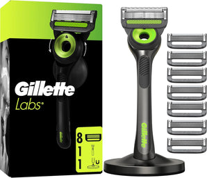 Aparat de ras Gillette Labs pentru bărbați cu element de curățare, aparat de ras umed, include 1 mâner, 8 rezerve de lame cu stație magnetică de andocare.