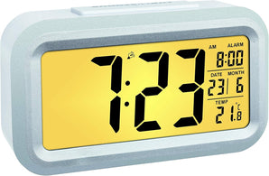 TFA Dostmann LUMIO PLUS Digitaler Funk-Wecker mit Temperatur, 60.2553.02, automatische Nachtbeleuchtung einstellbar, LCD-Display, Datum inkl Funkuhr, weiß/silber