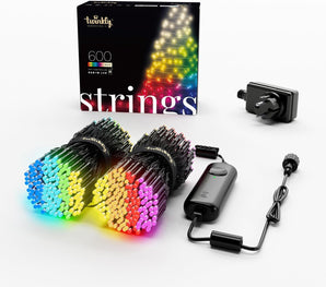 Twinkly Strings 600 LED RGB+ Weiß, LED-Lichterkette, Smarte LEDs für den Innen- und Außenbereich, Kompatibel mit Alexa und Google Home, IP44, App-Steuerung, Schwarzes Kabel, 48m
