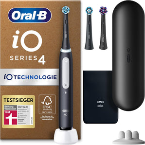 [RESIGILAT] Periută de dinți electrică Oral-B iO Series 4 Plus Edition, PLUS 3 capete de periaj, 4 moduri de curățare pentru îngrijirea dentară, cutie de călătorie, concepută de Braun, negru mat.