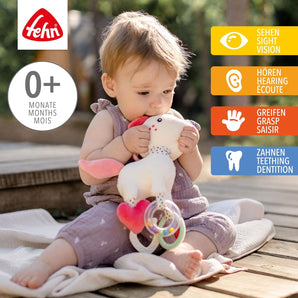 [RESIGILAT] Jucărie de activitate unicorn BabyFehn Aiko &amp; Yuki, cu zornăitoare, oglindă și inel pentru dentiție, 26 cm, pentru bebeluși