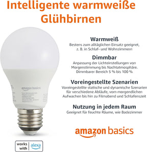 Amazon Basics Intelligente A60 LED-Leuchtmittel, dimmbar, E27-Sockel, sanftes Weiß, 2,4 GHz WLAN, 8.5 W, funktioniert nur mit Alexa, 2 Stück