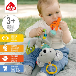 Fehn Activity-Koala – Jucărie bebeluși din pluș, cu activități pentru cărucior, pătuț și scoică – de mușcat, apucat și pentru a produce sunete – Jucărie pentru bebeluși și copii de la 3+ luni