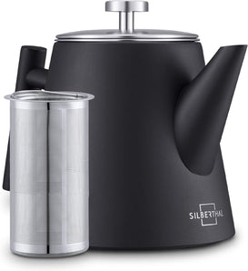 [RESIGILAT] Termo Ceainic Negru cu Infuzor 1L Perete Dublu Inox