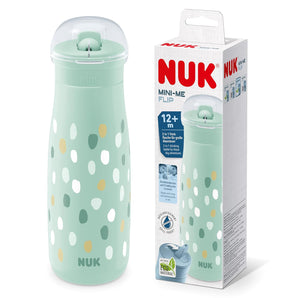 [RESIGILAT] Sticlă NUK Mini-Me Flip cu pai, 450 ml, rezistentă la mușcături, etanșă, 12+ luni, mentă cu buline