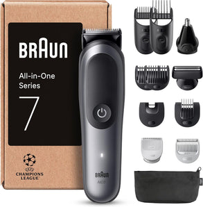 [RESIGILAT] Trimmer Multigrooming Braun All-in-One Seria 7, 12-în-1, pentru barbă, nas, păr, față, cap și corp, acumulator 120 min, 14 setări lungime (3-21 mm), rezistent la apă, AIO7545, Gri. Ideal pentru piața din România.