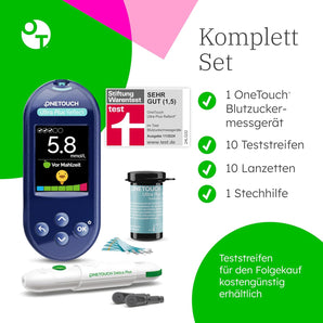 Glucometru OneTouch Ultra Plus Reflect® (mmol/L) I 1 aparat, 10 teste, 10 lanțete, 1 pen și 1 husă.