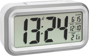 TFA Dostmann LUMIO PLUS Digitaler Funk-Wecker mit Temperatur, 60.2553.02, automatische Nachtbeleuchtung einstellbar, LCD-Display, Datum inkl Funkuhr, weiß/silber