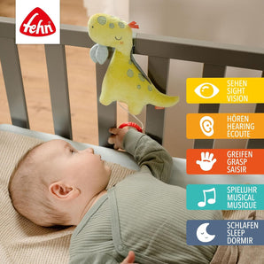 [RESIGILAT] Cutie muzicală bebeluși Dino cu melodie Mozart „Sleep My Little Prince”, jucărie de pluș, lavabilă, 16 cm